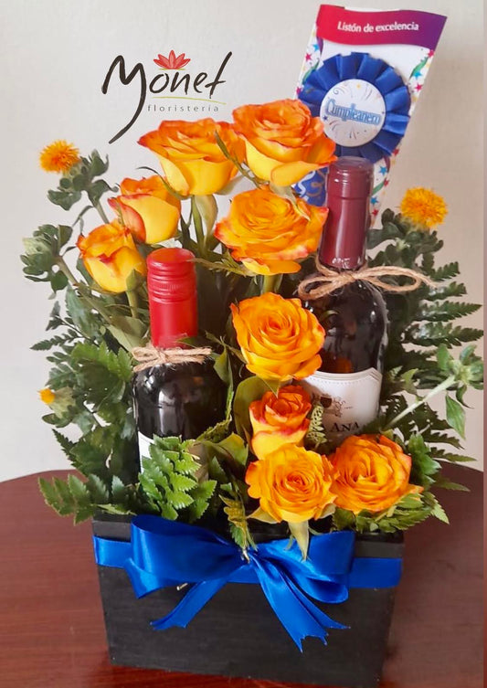 Arreglo con rosas y vino