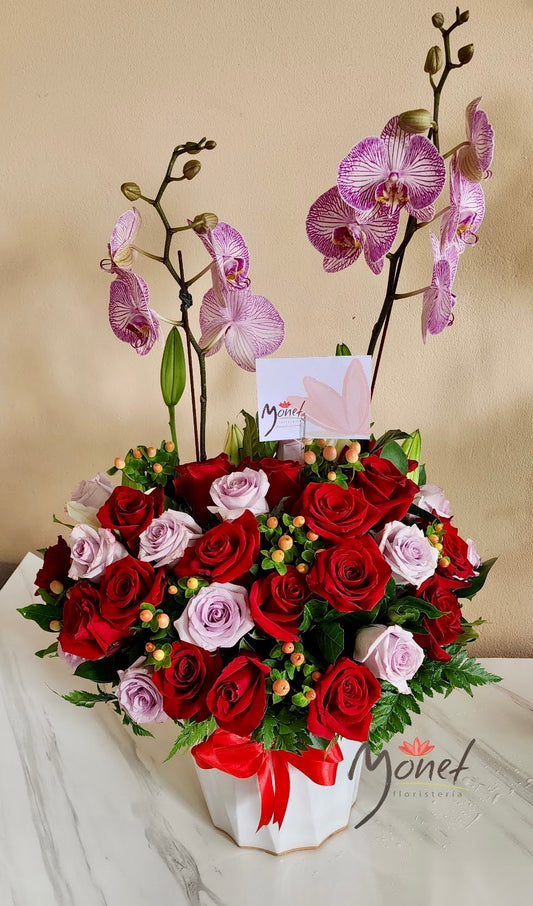Orquídea doble en base de ceramica alta