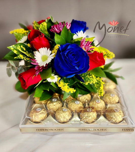 Caja de chocolates Ferreros y flores