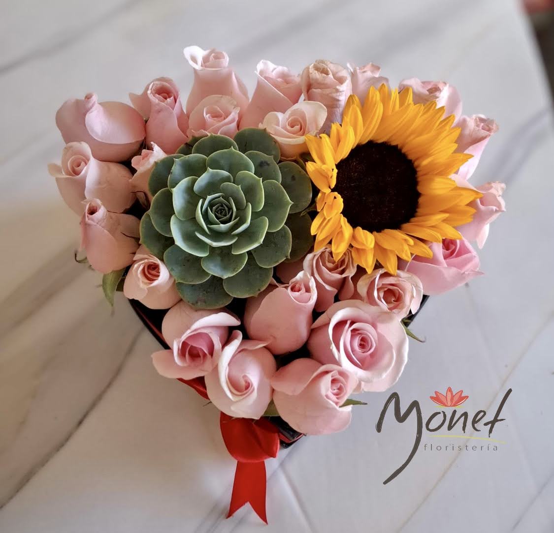 corazón con 20 rosas rosadas, suculenta y girasol