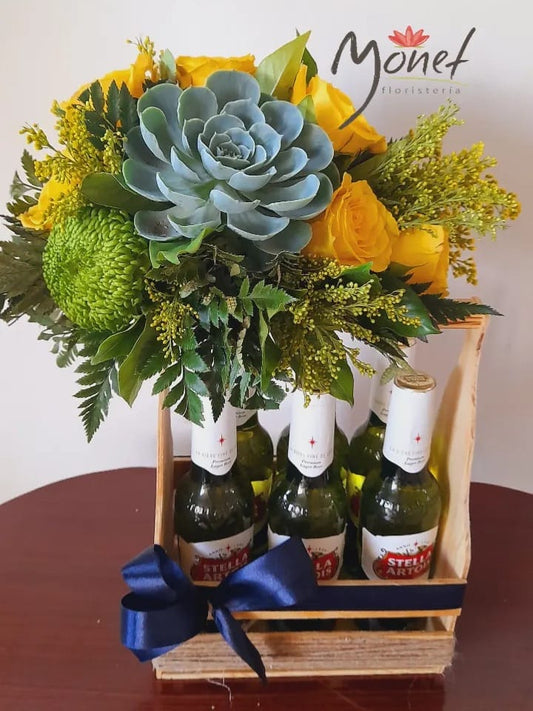 cervezas, flores y sucienta