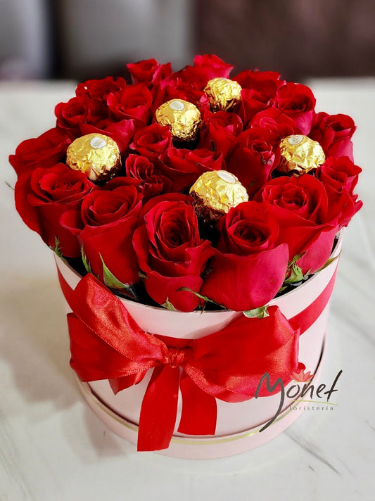 Cubeta con rosas y Ferreros