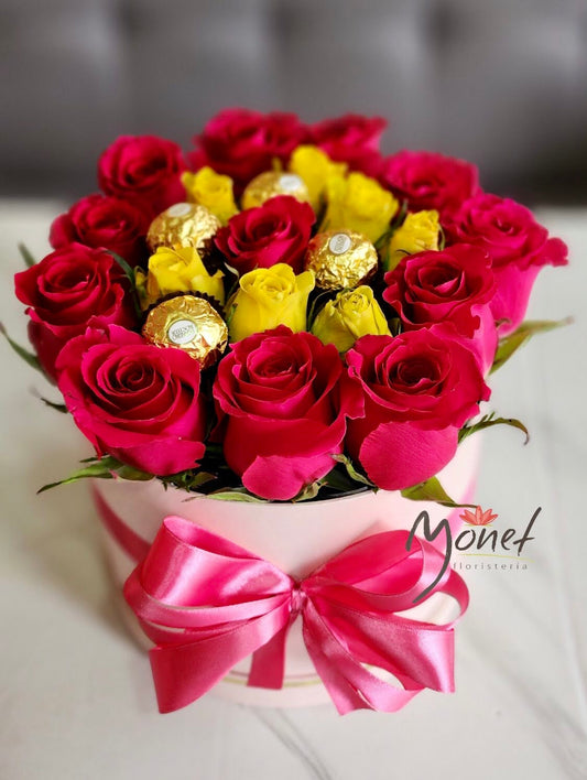 cubeta con rosas y chocolates